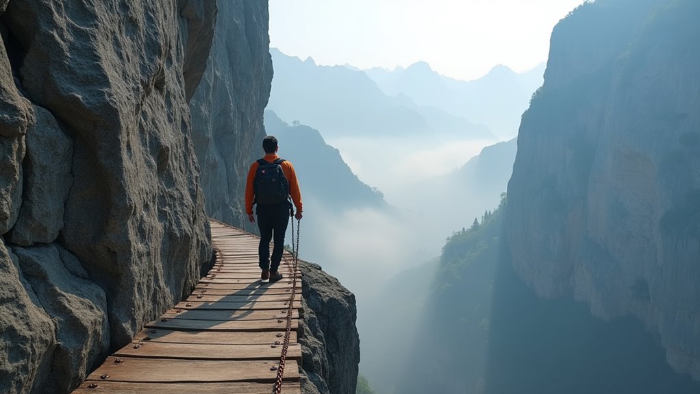 dangerous mountain plank walk