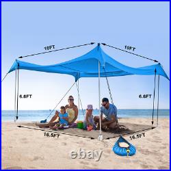10X10ft 4 Poles Beach Canopy Family Sun Shelter Pop Up Beach Tent Sun Blue UPF50