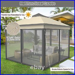 11'x11' 2-Tier Pop-Up Gazebo Tent Portable Canopy Shelter Carry Bag Mesh Brown
