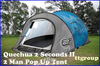 Quechua Waterproof Pop Up Camping Tent 2 Seconds II, 2 Man Double Lining (Blue)