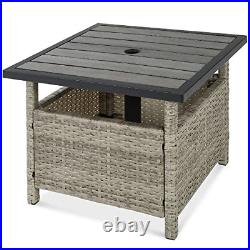 Wicker Rattan Patio Side Table Outdoor Wooden Furniture With Umbrella Hole Gray