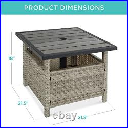 Wicker Rattan Patio Side Table Outdoor Wooden Furniture With Umbrella Hole Gray